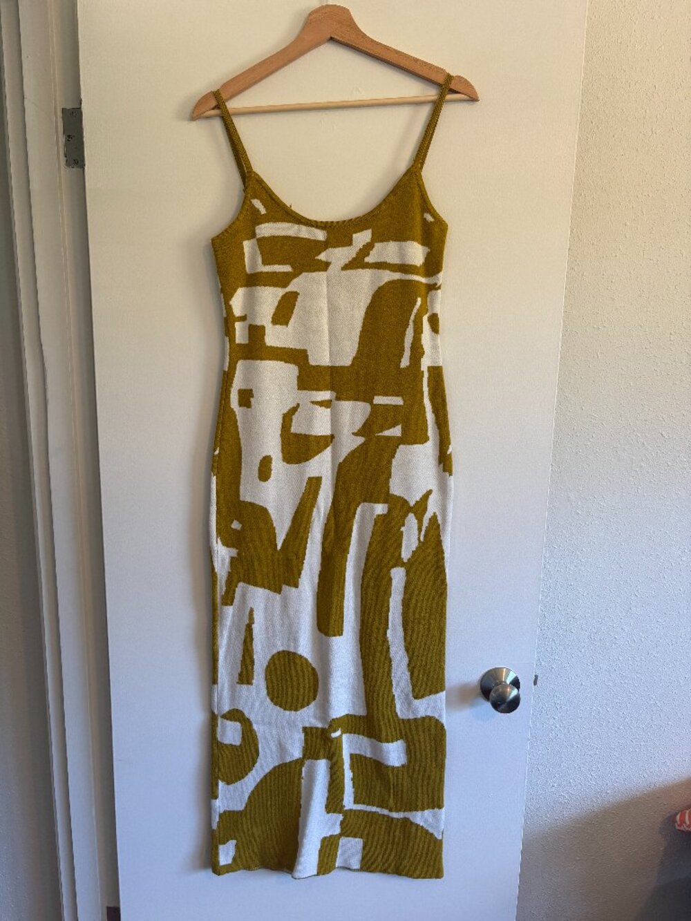 Knit, abstract patterned bodycon spaghetti strap dress